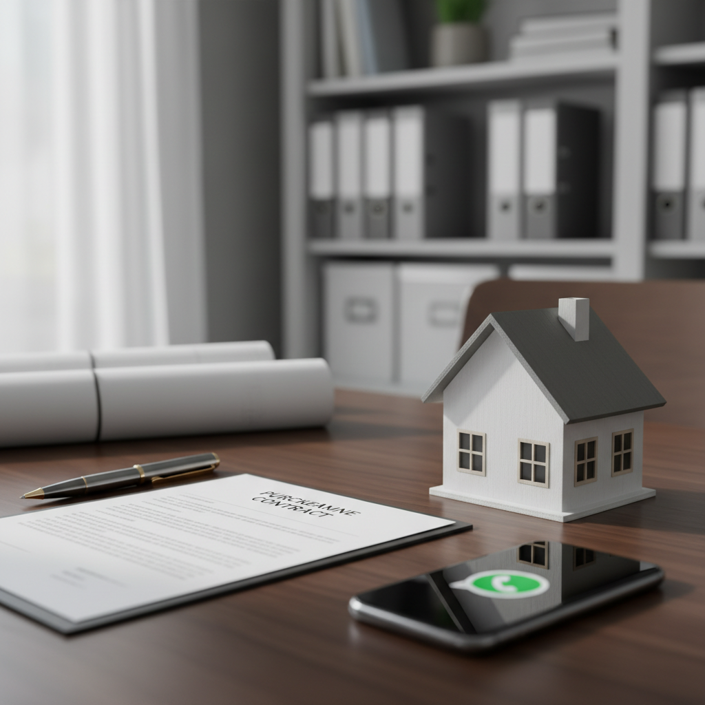 Escritorio inmobiliario elegante con una casita a escala de madera blanca y techo gris mate sobre una superficie de madera oscura satinada. A un lado, un contrato de compraventa cuidadosamente alineado, un bolígrafo metálico de alta gama y un teléfono inteligente con pantalla que muestra un ícono de WhatsApp, sugiriendo atención directa. Al fondo, desenfocados, se ven planos enrollados y una estantería minimalista con carpetas ordenadas. Luz natural suave entra desde una ventana lateral, generando sombras delicadas y un ambiente profesional. Fotografía en primer plano, con enfoque nítido en la maqueta y el contrato, estilo realista y corporativo, transmitiendo seguridad, asesoría experta y procesos claros.