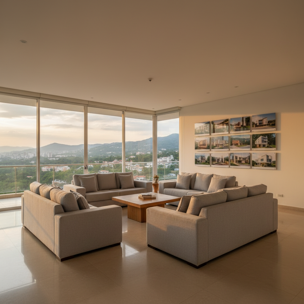Amplia sala de estar de un apartamento de alto nivel en Tegucigalpa, con sofás de lino gris claro, mesa de centro de madera natural y grandes ventanales con vista a una ciudad verde y montañosa. El piso de porcelanato pulido refleja sutilmente la luz cálida del atardecer que entra desde el balcón. En una pared se observan, en foco nítido, marcos con fotografías de casas y edificios modernos, representando el catálogo de propiedades de la inmobiliaria. La toma es fotográfica, a nivel de ojo, con profundidad de campo media que mantiene el espacio claro y ordenado. La atmósfera es acogedora, segura y profesional, resaltando la calidad de vida que ofrecen las propiedades.
