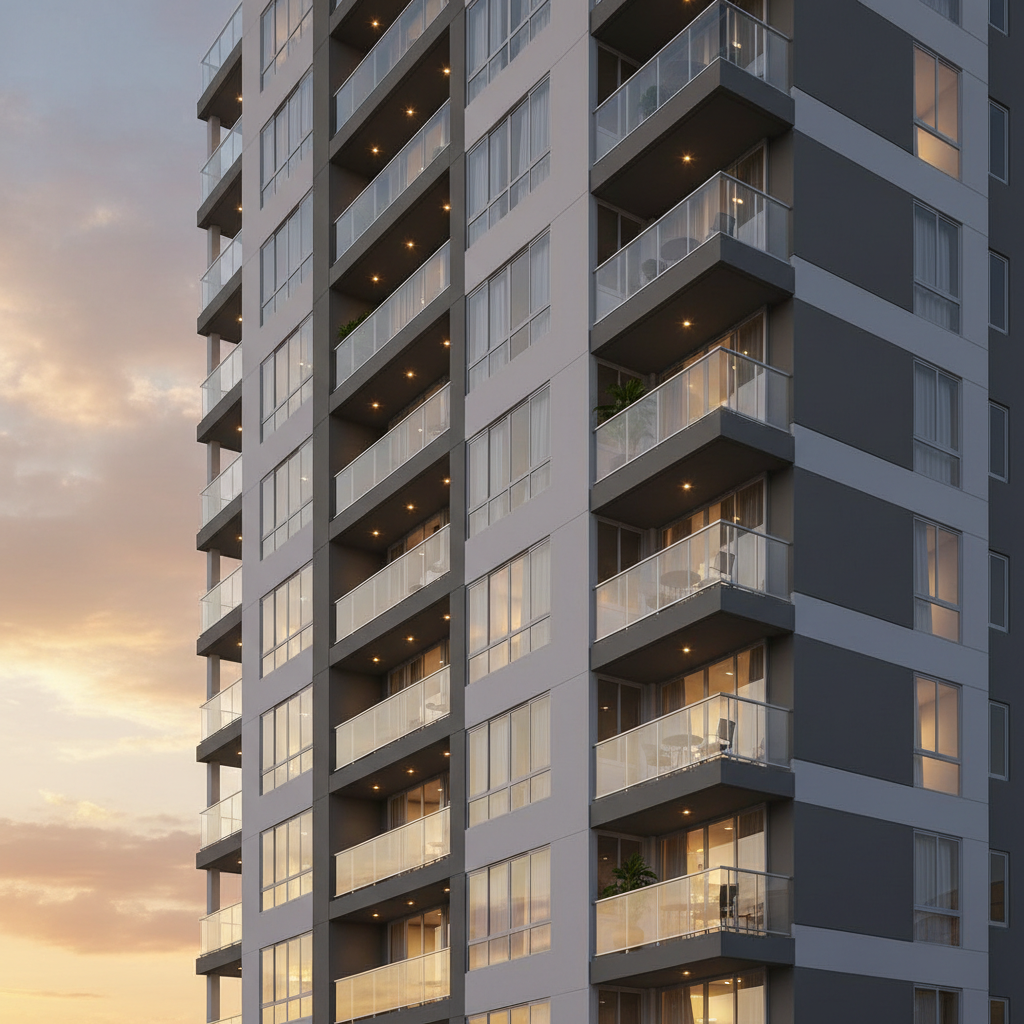 Atardecer sobre una torre de apartamentos modernos en Tegucigalpa, edificio alto de fachadas en blanco y gris con balcones de vidrio transparente y barandales de aluminio. En varios balcones se distinguen pequeñas mesas y plantas, sugiriendo vida residencial activa. El cielo adquiere tonos dorados y rosados que se reflejan en los ventanales de vidrio, creando destellos cálidos. La toma es fotográfica desde un ángulo ligeramente bajo, enfatizando altura y presencia del edificio. Estilo realista, urbano y sofisticado, con líneas limpias y colores sobrios, ideal para representar propiedades verticales de alta demanda para venta y alquiler.
