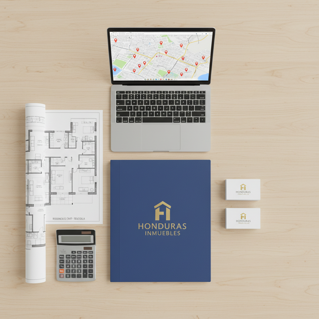 Conjunto de materiales de trabajo de una inmobiliaria hondureña ordenados sobre una mesa de madera clara: carpeta corporativa con logo de empresa inmobiliaria elegante, tarjetas de presentación, un plano detallado de un apartamento en Tegucigalpa, una calculadora moderna y una laptop abierta mostrando un mapa de la ciudad con puntos marcando propiedades. Luz de estudio suave y homogénea desde arriba, generando sombras discretas y un aspecto pulcro. Composición fotográfica en vista cenital, con todos los elementos cuidadosamente alineados, estilo realista y minimalista, transmitiendo organización, eficiencia y asesoría profesional en la compra y alquiler de inmuebles.