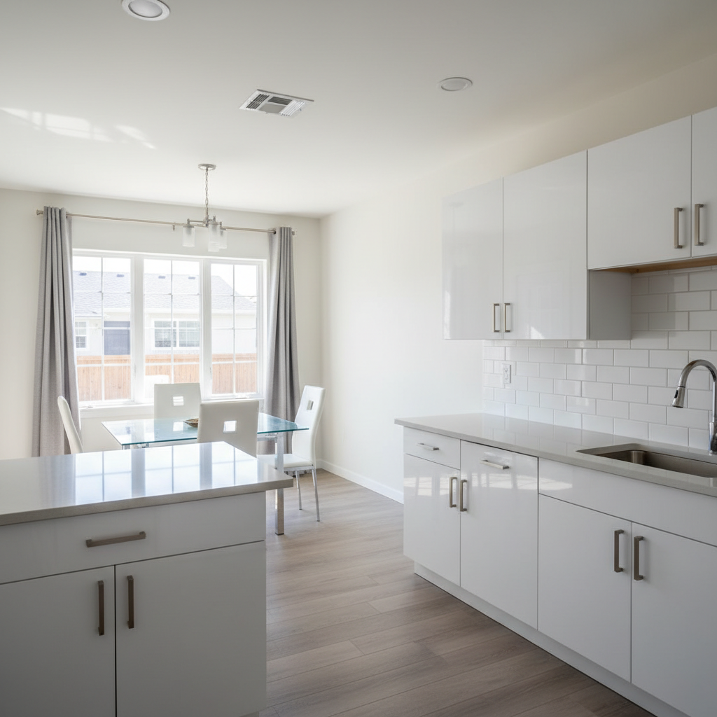 Interior luminoso de una casa en alquiler, con cocina integrada y sala comedor en concepto abierto. Muebles de cocina en MDF blanco brillante con tiradores de acero inoxidable, encimera de cuarzo gris claro y salpicadero tipo metro en cerámica blanca. Frente a la cocina, un área de comedor con mesa de vidrio templado y sillas de líneas simples. Luz natural de mañana entra por una ventana grande, rebotando en las superficies claras y creando un ambiente fresco y pulcro. Fotografía a nivel de ojo con lente ligeramente gran angular, estilo realista y contemporáneo, ideal para ilustrar propiedades listas para habitar, limpias y bien mantenidas.