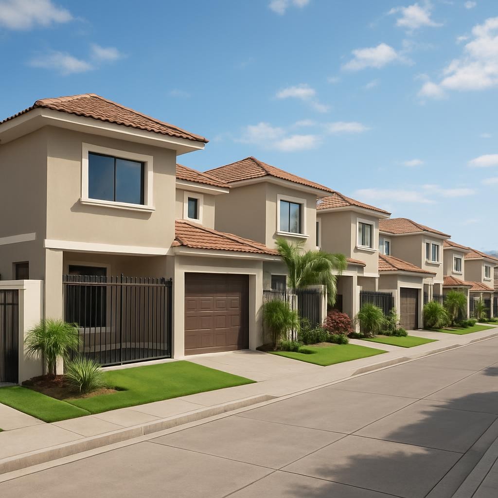 Vista panorámica diurna de una zona residencial en Tegucigalpa con casas modernas de dos plantas, fachadas en tonos neutros, techos de teja y pequeños jardines delanteros bien cuidados con césped verde intenso y plantas tropicales. Calles limpias y pavimentadas, aceras amplias y portones metálicos en distintos estilos, todos bien mantenidos. El cielo azul claro con algunas nubes suaves ilumina la escena con luz natural uniforme, sin sombras duras. Composición fotográfica tipo gran angular desde una esquina de la calle, mostrando la continuidad del vecindario y la variedad de propiedades disponibles. Estilo realista, limpio y nítido, transmitiendo orden, seguridad y atractivo residencial.